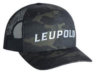Leupold Wordmark Black Camo Trucker Hat features a curved bill